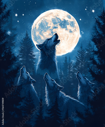 Graphic illustration of a wolf pack howling at the moon