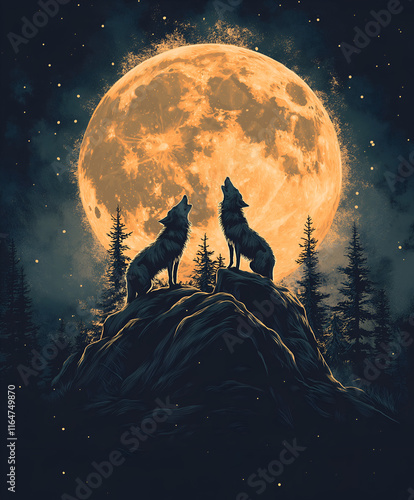 Graphic illustration of a wolf pack howling at the moon