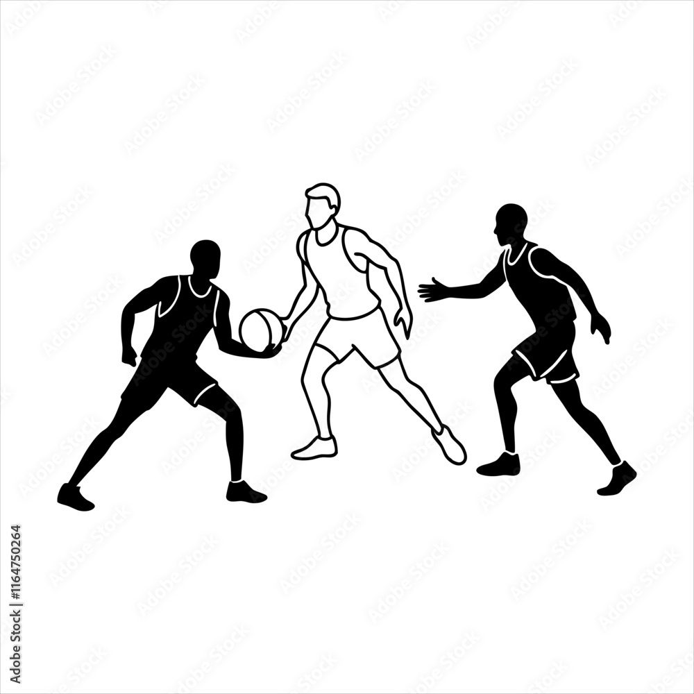 A man playing basketball defensive stance silhouettes. Basketball players are running and practicing, preparing for a soccer tournament. A man playing basketball defensive stance silhouettes. Basketball players are running and practicing, preparing for a soccer tournament.