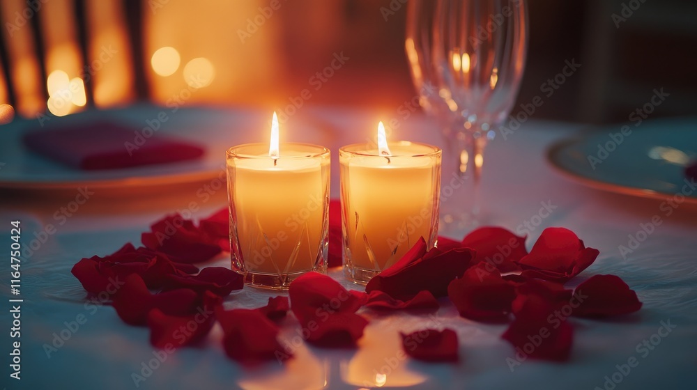 minimalist and romantic Valentine's Day dinner setting for two. The table is set with fine china, crystal glasses, and soft red rose petals scattered around the place settings. minimalist and romantic Valentine's Day dinner setting for two. The table is set with fine china, crystal glasses, and soft red rose petals scattered around the place settings.