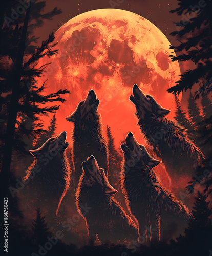 Graphic illustration of a wolf pack howling at the moon