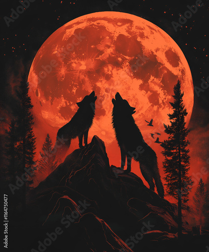 Graphic illustration of a wolf pack howling at the moon