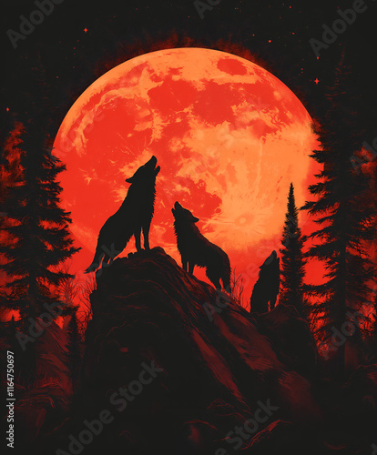 Graphic illustration of a wolf pack howling at the moon
