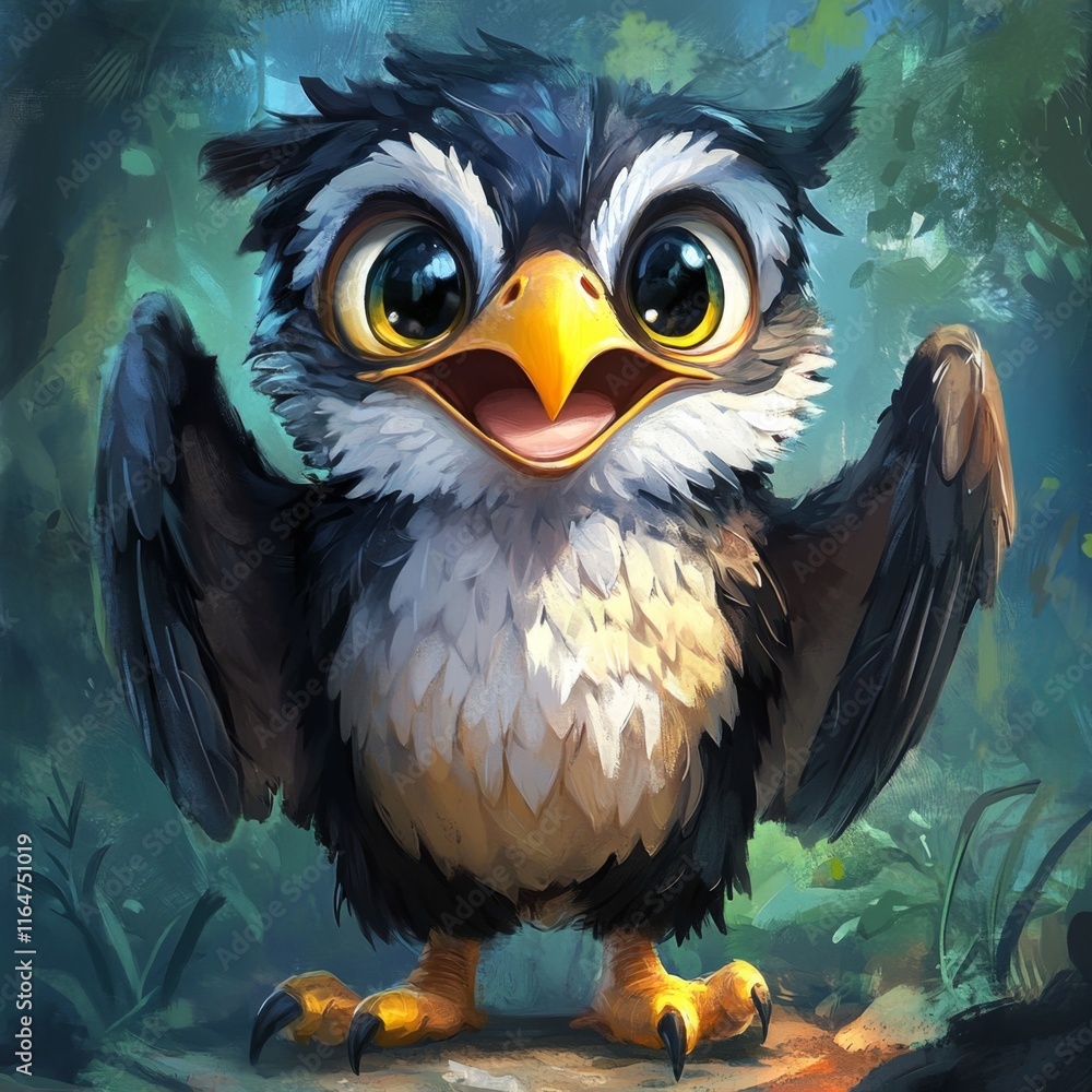 Fototapeta premium Animated Baby Owl With Wide Open Eyes and Wings Standing in Nature Forest Environment
