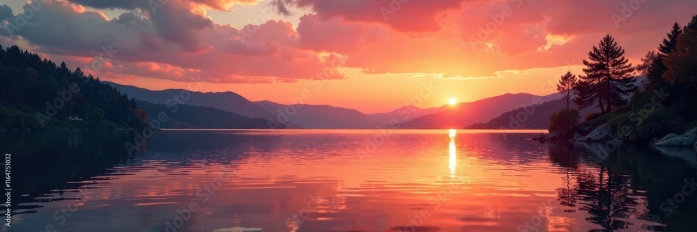 Warm sunset over serene lake with gentle ripples and soft water reflections, serene landscape, tranquil environment , peaceful atmosphere Warm sunset over serene lake with gentle ripples and soft water reflections, serene landscape, tranquil environment , peaceful atmosphere