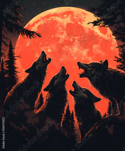 Graphic illustration of a wolf pack howling at the moon