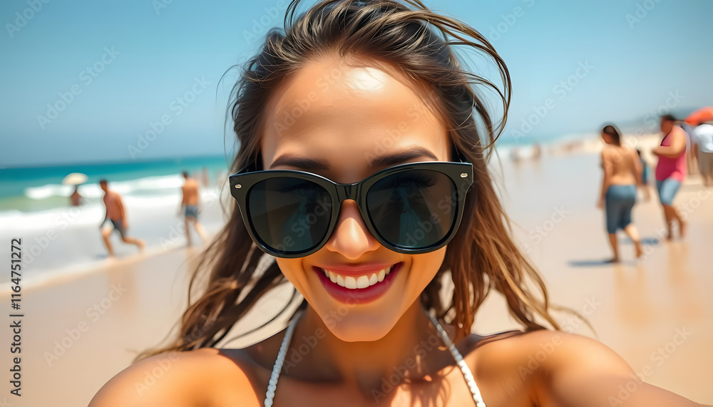 Happy western woman wearing casual summer clothes having fun on a sunny beach Happy western woman wearing casual summer clothes having fun on a sunny beach