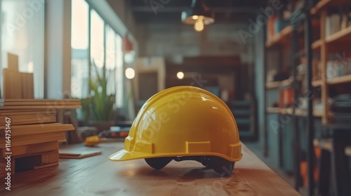 Yellow safety helmet on a workbench in a workshop. photo