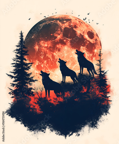 Graphic illustration of a wolf pack howling at the moon