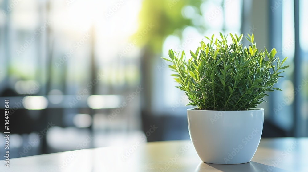 Sunlight illuminates a small, vibrant green plant in a white pot, sitting on a table in a contemporary office environment, creating a sense of tranquility and connection with nature Sunlight illuminates a small, vibrant green plant in a white pot, sitting on a table in a contemporary office environment, creating a sense of tranquility and connection with nature