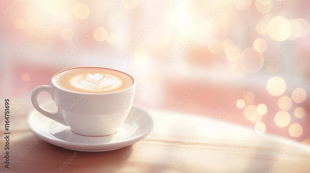 Fototapeta premium White cup of cappuccino featuring intricate latte art resting on a saucer, placed on a wooden table in a bright cafe, with bokeh lights enhancing the cozy atmosphere
