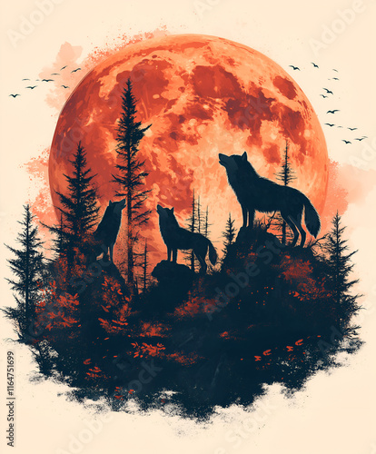 Graphic illustration of a wolf pack howling at the moon