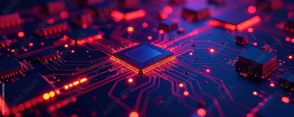 Obraz premium Abstract vector background, glowing circuit board texture , purple, high-tech, red