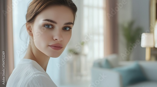 Free Download Young woman with perfect skin and hair, wearing a white shirt, stands in a bright, modern apartment, embodying wellness and a healthy lifestyle - GFXLoad