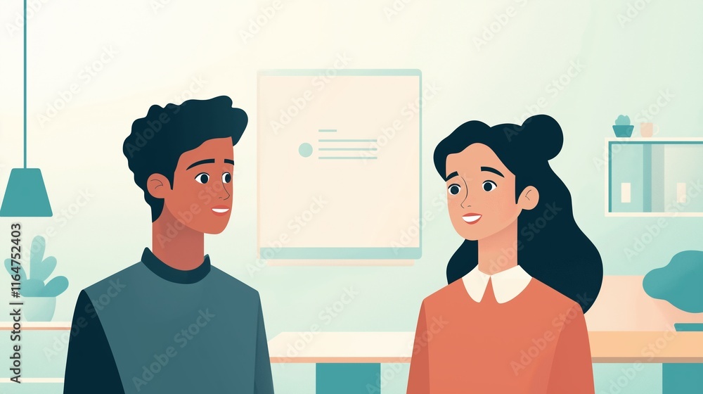 Obraz premium Two young professionals, a man and a woman, engage in a productive conversation in a contemporary office setting, fostering teamwork and collaboration