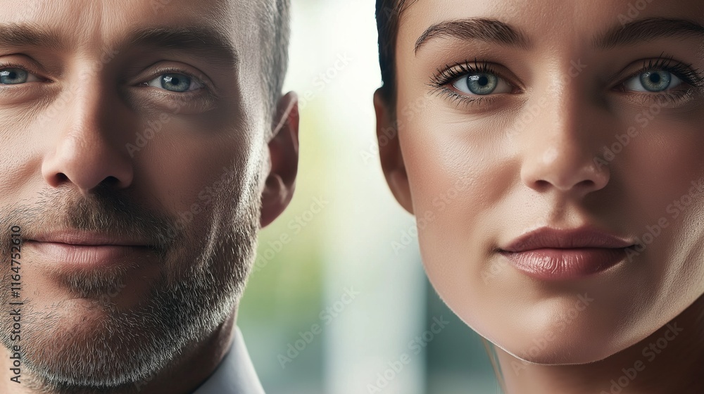 Close-up portrait of a businessman and businesswoman exuding confidence and determination, representing professionalism and success in the corporate world Close-up portrait of a businessman and businesswoman exuding confidence and determination, representing professionalism and success in the corporate world