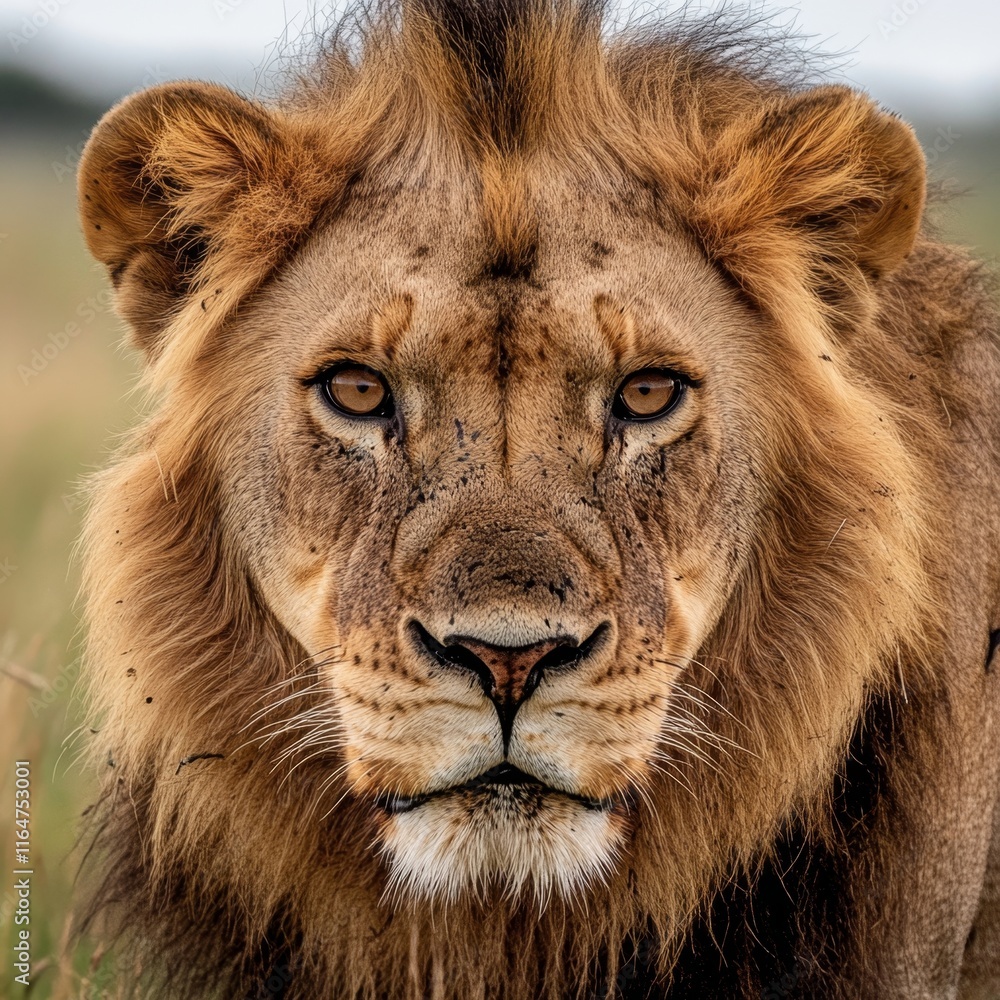 Close Up Majestic Male Lion With Golden Mane Gaze In Savanna Wildlife Nature Animal Portrait Close Up Majestic Male Lion With Golden Mane Gaze In Savanna Wildlife Nature Animal Portrait