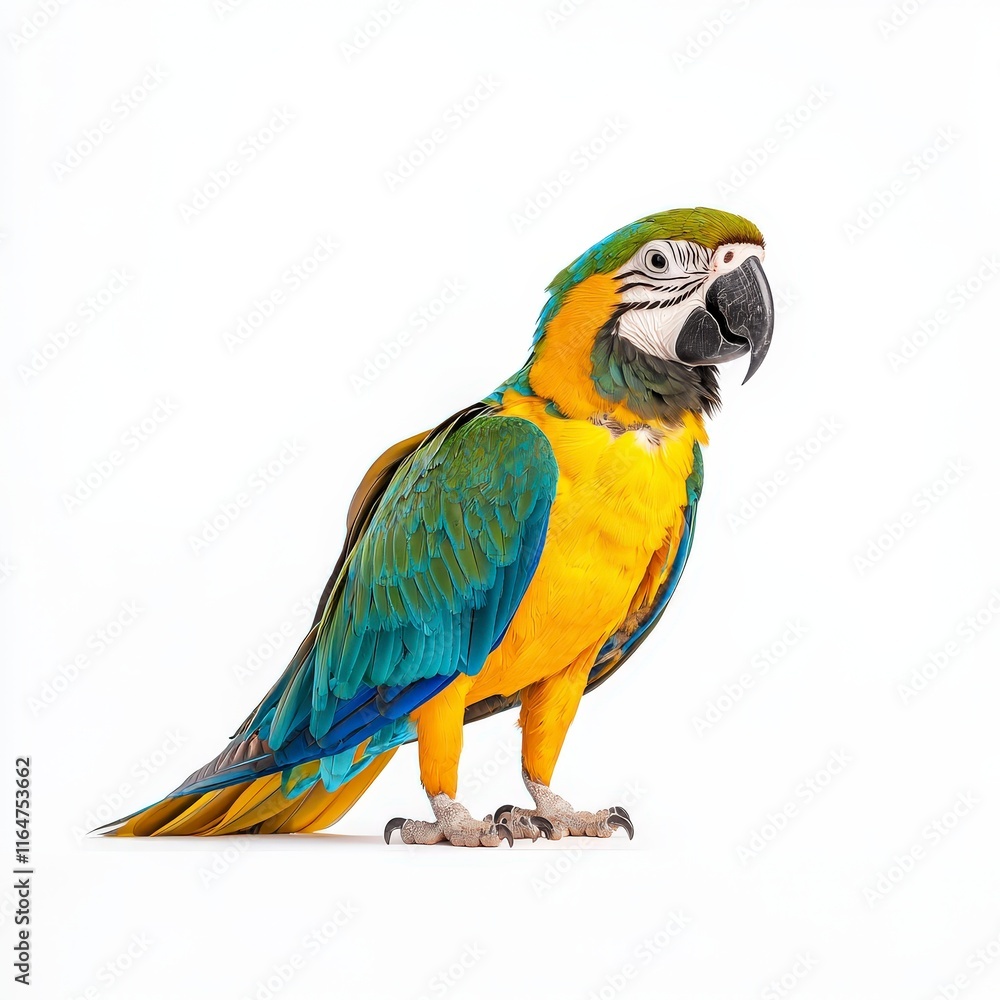 Fototapeta premium Colorful macaw parrot standing against a white background, showcasing vibrant feathers.