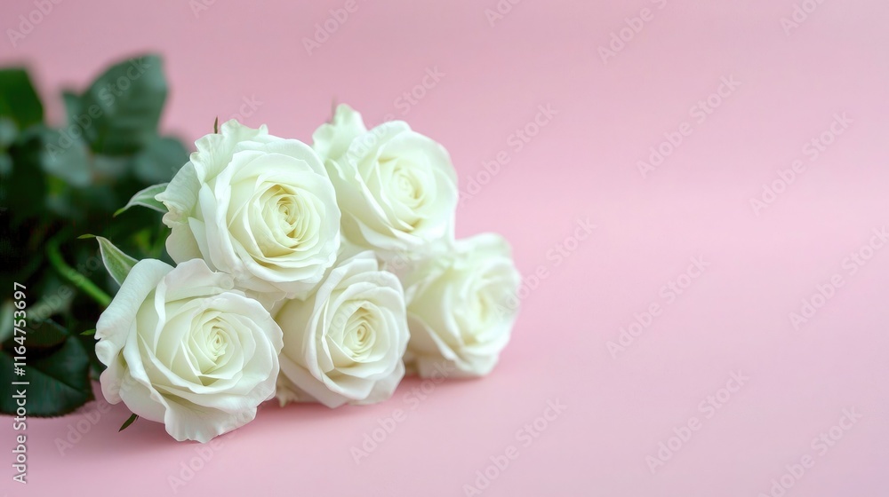 A bouquet of five elegant white roses resting on a soft pink background, evoking a sense of purity and beauty. A bouquet of five elegant white roses resting on a soft pink background, evoking a sense of purity and beauty.