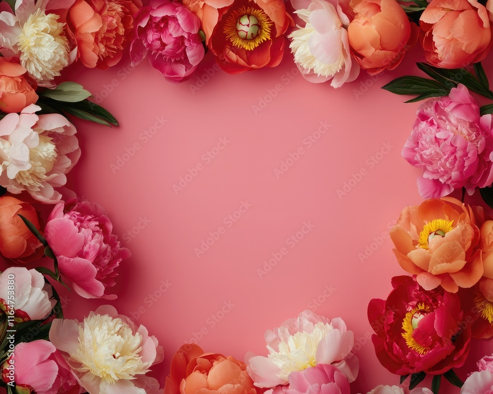 A vibrant frame of colorful peony flowers surrounds a soft pink background, perfect for romantic or celebratory themes. A vibrant frame of colorful peony flowers surrounds a soft pink background, perfect for romantic or celebratory themes.