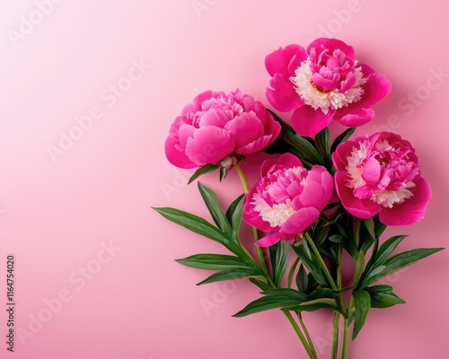 A vibrant arrangement of pink peonies on a soft pink background, showcasing their lush petals and green leaves.