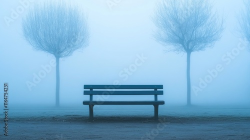 minimalist landscape image of an empty park bench in the middle of a foggy park. The park should be largely empty, with only a few trees, their branches bare and covered in soft mist. Blue Monday.