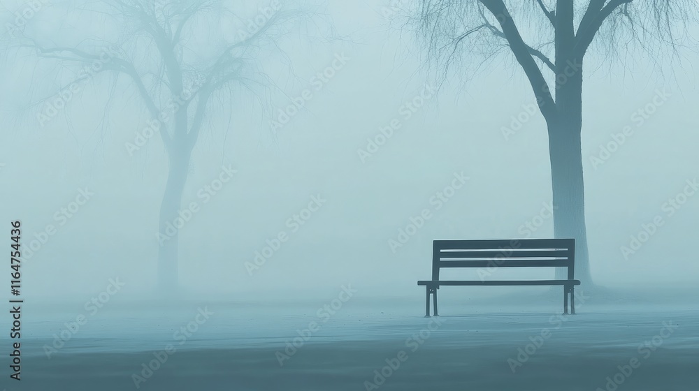 minimalist landscape image of an empty park bench in the middle of a foggy park. The park should be largely empty, with only a few trees, their branches bare and covered in soft mist. Blue Monday.