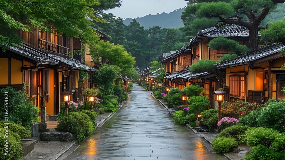Obraz premium Tranquil Japanese Street Rainy Evening Illuminated Houses