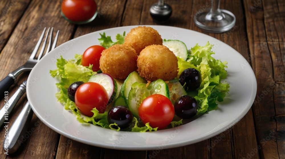 Breakfast Salad with Fried Cheese Balls and Fresh Vegetables Breakfast Salad with Fried Cheese Balls and Fresh Vegetables