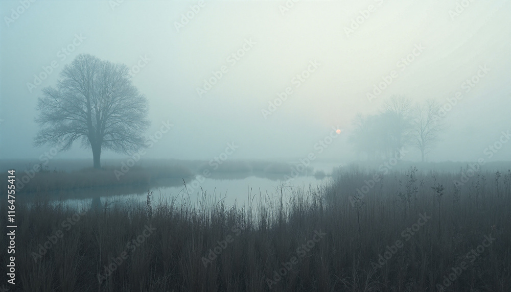 Naklejka premium Foggy marsh with silhouettes of distant trees at sunrise, creating an ethereal atmosphere rich in mystery, soft light illuminating the misty landscape