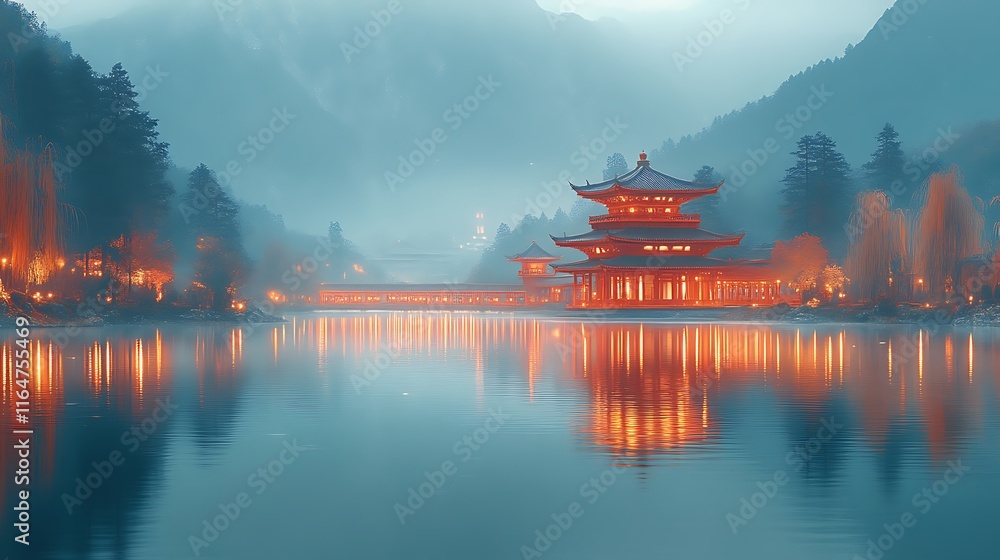 Obraz premium Illuminated Pagoda on Serene Mountain Lake at Dusk