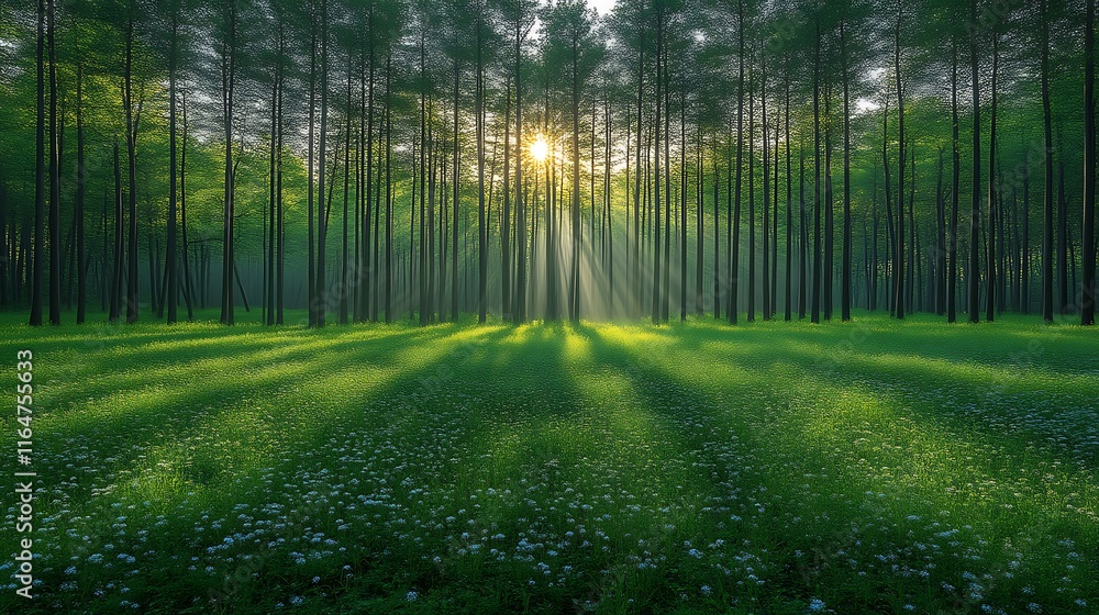 Fototapeta premium Sunbeams Illuminate a Forest Meadow with Flowers