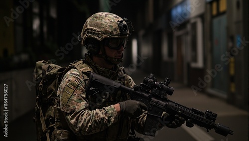 Night Patrol Soldier in full gear with assault rifle  night vision goggles in dark urban setting photo