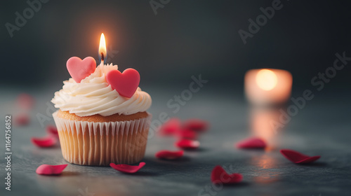 Delicious cupcake with heart decorations and candle, perfect for celebrations.
