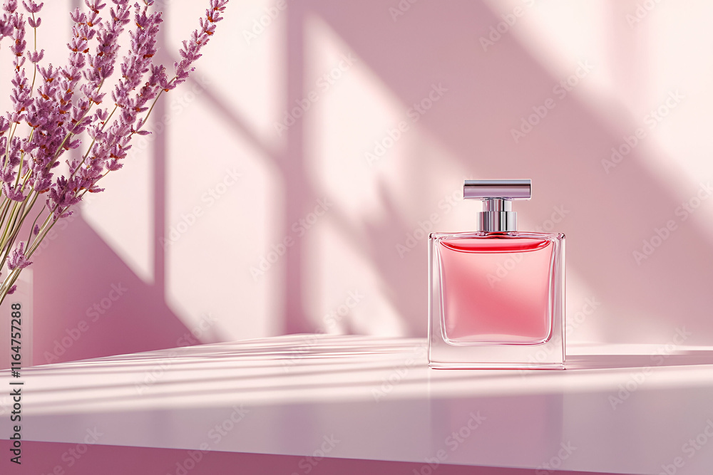 Pink Perfume Bottle on Table with Lavender, Sunlight, Scented Fragrance in Elegant Glass Container, Delicate Floral Aroma, Feminine Scent, Soft Light, Pink Background Pink Perfume Bottle on Table with Lavender, Sunlight, Scented Fragrance in Elegant Glass Container, Delicate Floral Aroma, Feminine Scent, Soft Light, Pink Background