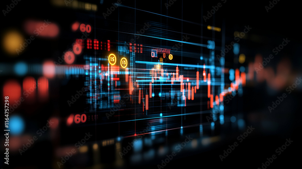 Abstract Futuristic Data Visualization, Network of glowing lines, dynamic charts, and digital information streams brilliantly illuminate a dark background. Abstract Futuristic Data Visualization, Network of glowing lines, dynamic charts, and digital information streams brilliantly illuminate a dark background.