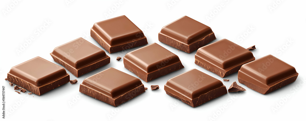 Delicious Milk Chocolate Squares, A Sweet Treat, Perfectly Arranged, Ready to Indulge.  Scrumptious Chocolate Pieces, Broken and Whole, Delightful!