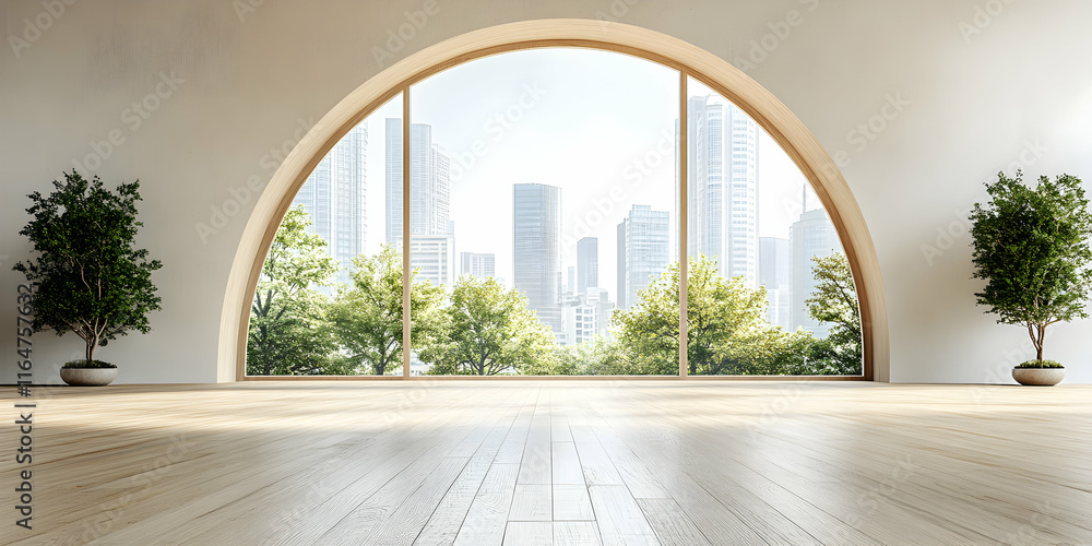 Fototapeta premium Serene Minimalist Room with Arch Window, City View