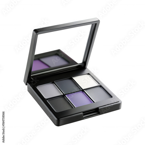 A sleek black makeup palette featuring six eyeshadow shades including purple, gray, and white colors in a compact design.
