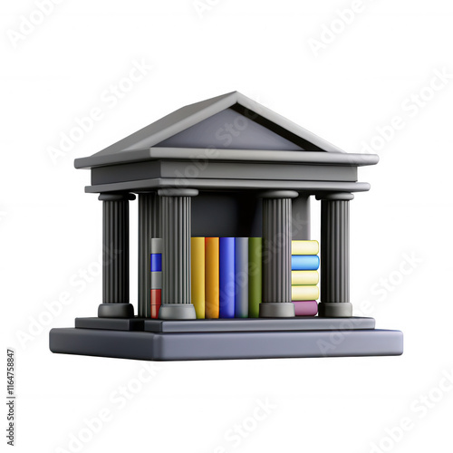 A 3D render of a classic library building with columns and colorful book spines visible inside. Ideal for educational projects and designs.