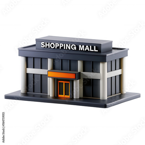 A 3D render of a shopping mall model showcasing a modern design with large glass windows and a prominent sign. Perfect for architectural visualization.