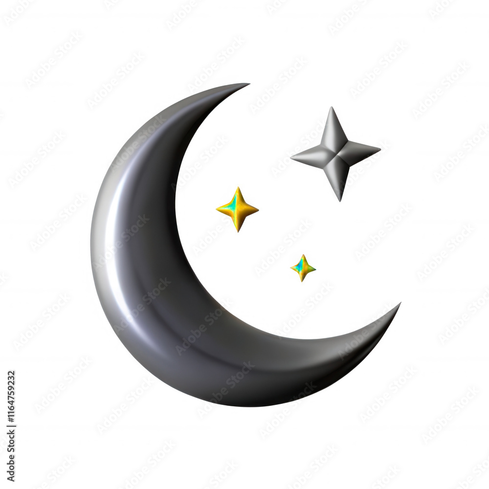 A glossy representation of a crescent moon alongside two stars, featuring silver and colorful shades. This image captures a dreamy atmosphere. A glossy representation of a crescent moon alongside two stars, featuring silver and colorful shades. This image captures a dreamy atmosphere.