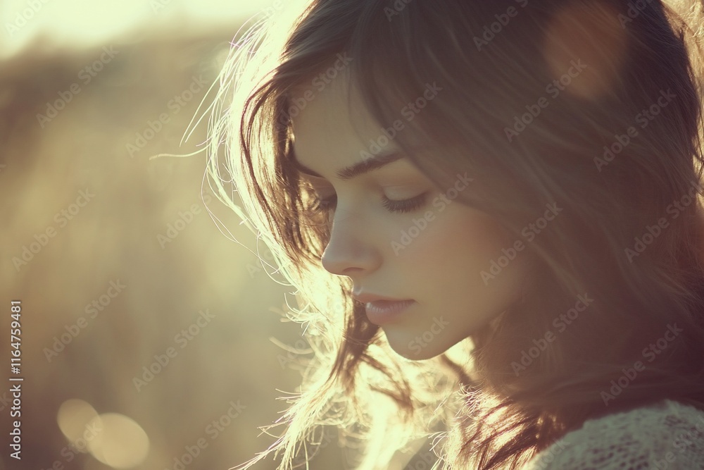 A serene portrait of a young woman in soft, natural lighting. A serene portrait of a young woman in soft, natural lighting.