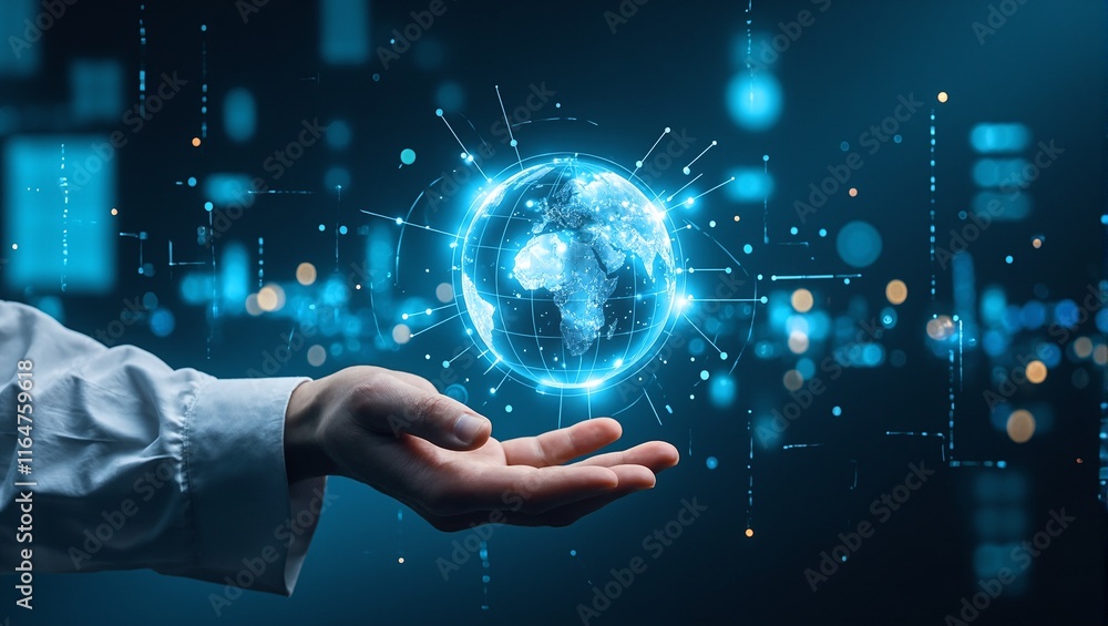 Futuristic holographic globe in scientists hand with digital data points and blue glow Futuristic holographic globe in scientists hand with digital data points and blue glow