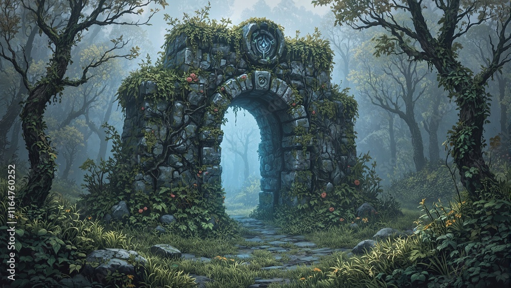 Obraz premium Enchanted stone portal with vines moss and blue glow in misty forest clearing at dawn
