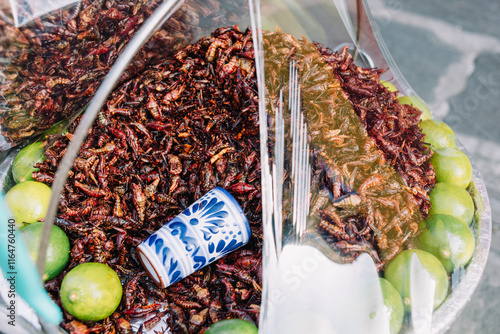 cooked grasshoppers, locally known as chapulines, are an insect street food in Mexico photo