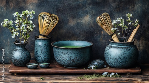 Matcha Tea Ceremony Still Life with Flowers and Vessels photo