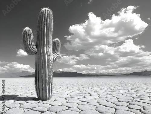 Lone saguaro cactus in monochrome desert landscape under a cloudy sky. photo