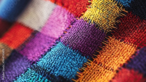 Vibrant geometric textile pattern with woven threads in bold colors
