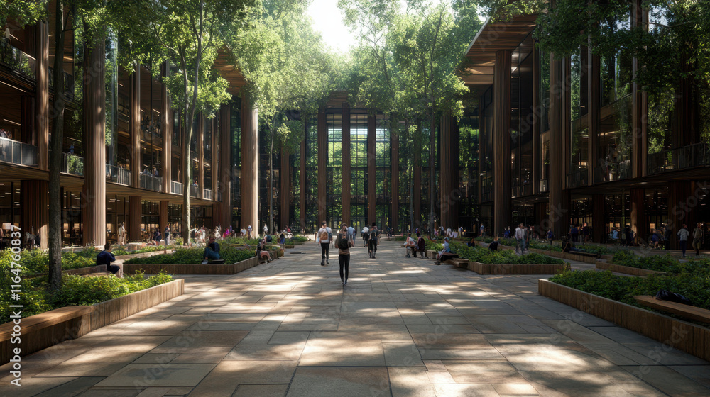 Fototapeta premium Massing, A lush, open courtyard with tall trees and wooden structures, bustling with people enjoying a vibrant, green urban environment.